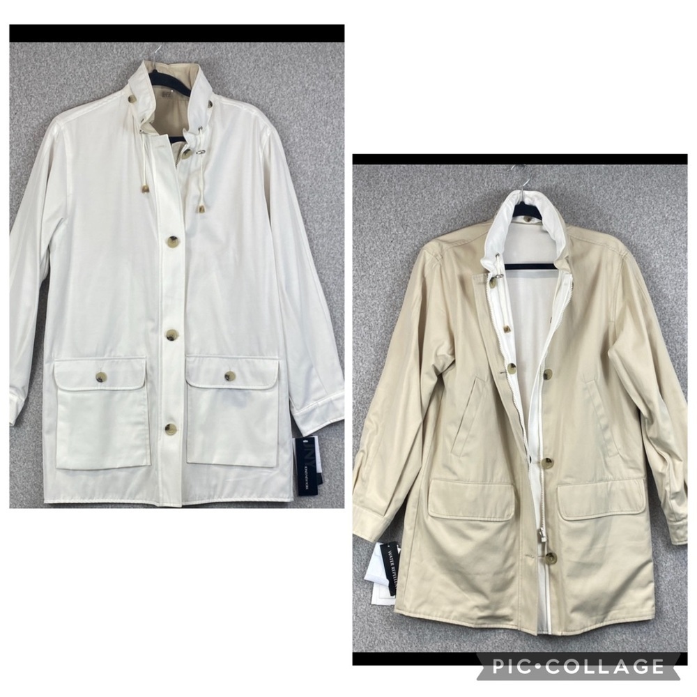 Jones New York reversible water repellent coat S hooded tan and white fisherman